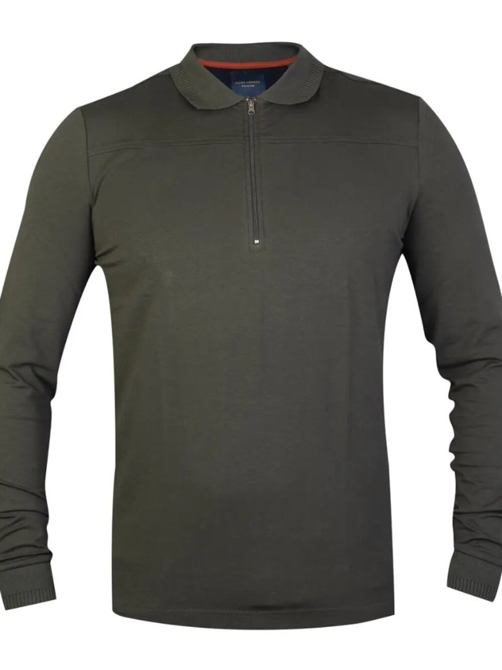 Guide London Olive Green Solid Jersey Knit Front Zip Long Sleeve Polo/3011